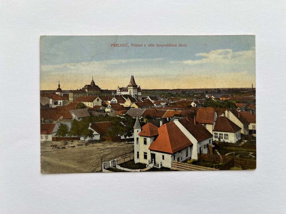 Pohlednice Přelouč pohled z věže hospodářské školy okr. Pardubice 1918