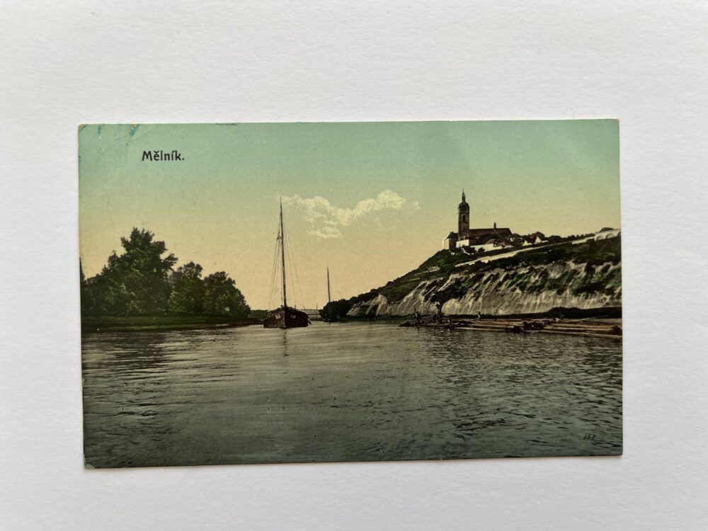 Pohlednice MĚLNÍK - Zámek, soutok Labe a Vltavy, loď Rakousko-Uhersko