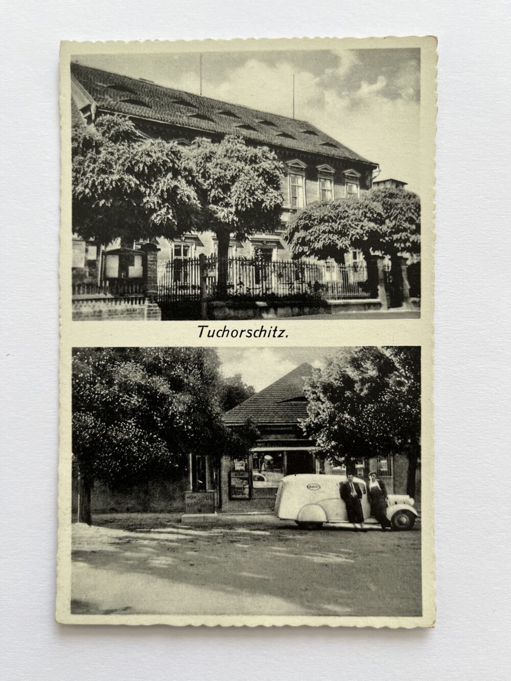 Pohlednice Tuchořice - koláž automobil, okres Louny r. 1938