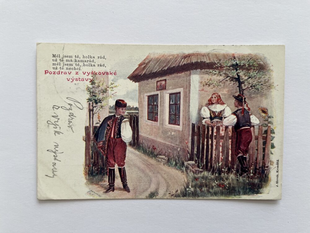 Pohlednice Pozdrav z vyškovské výstavy, krojované r.1902