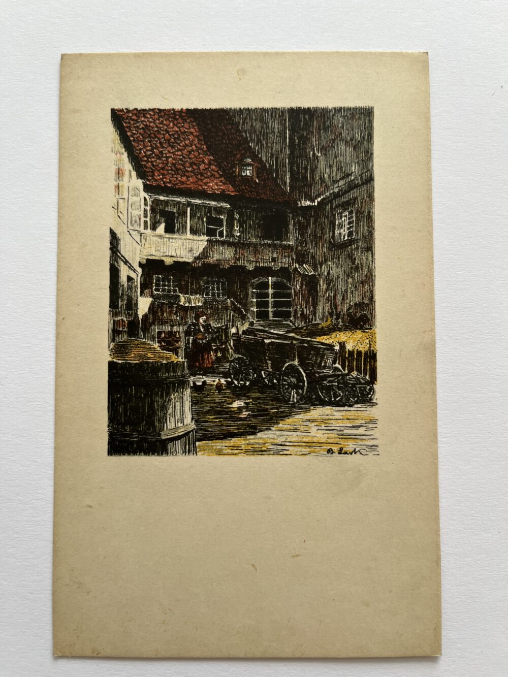 Pohlednice Cheb - Nádvoří věčného světla dřevěný vůz, sud, B. Lark