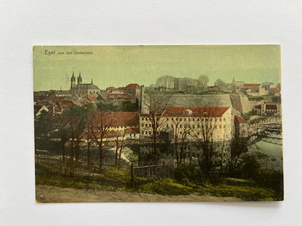 Pohlednice místopis Cheb - koželužna, továrna r. 1915