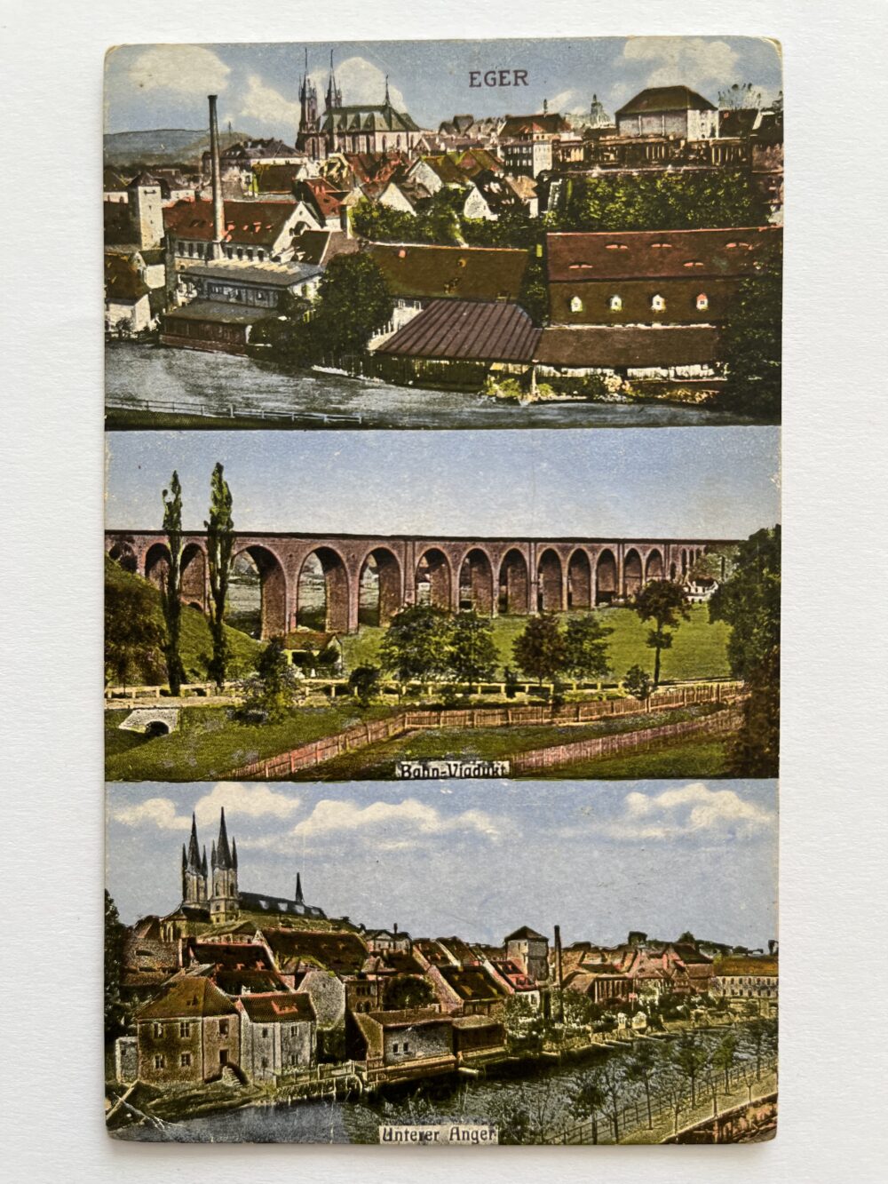 Pohlednice Cheb - železniční viadukt, koláž r. 1918