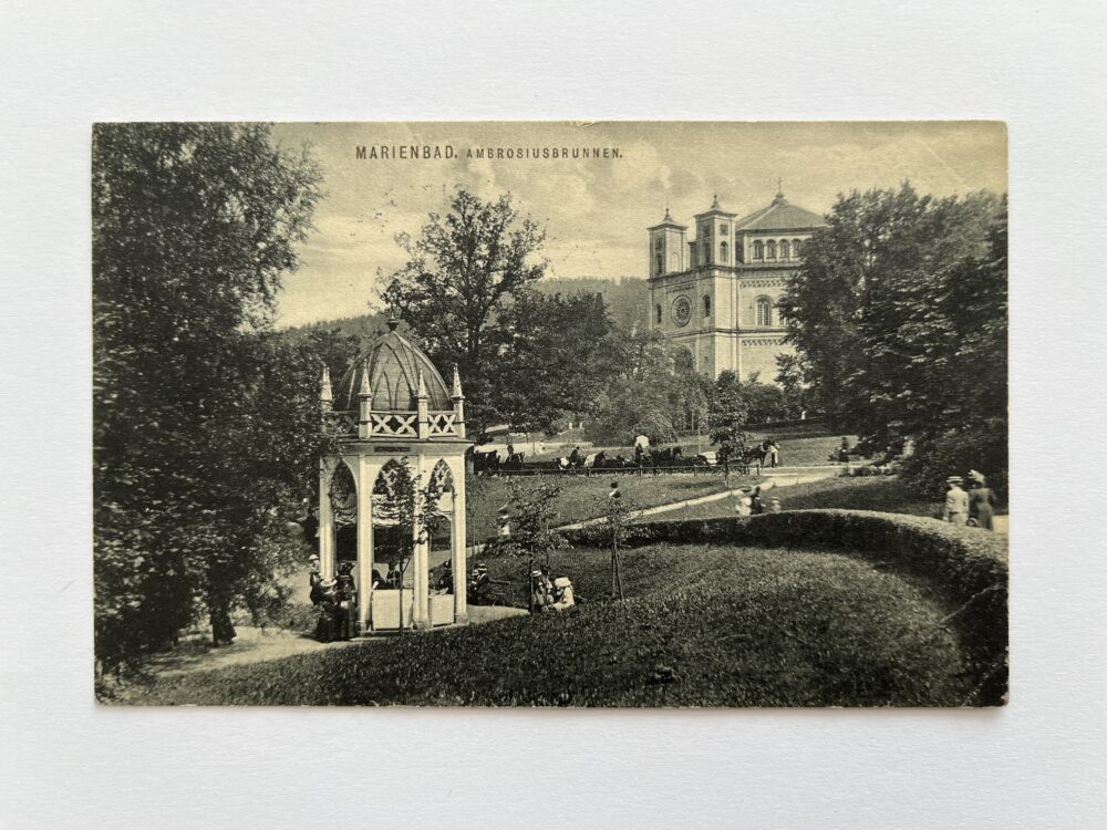 Pohlednice Mariánské Lázně - Ambrozie fontána, okres Cheb r.1913