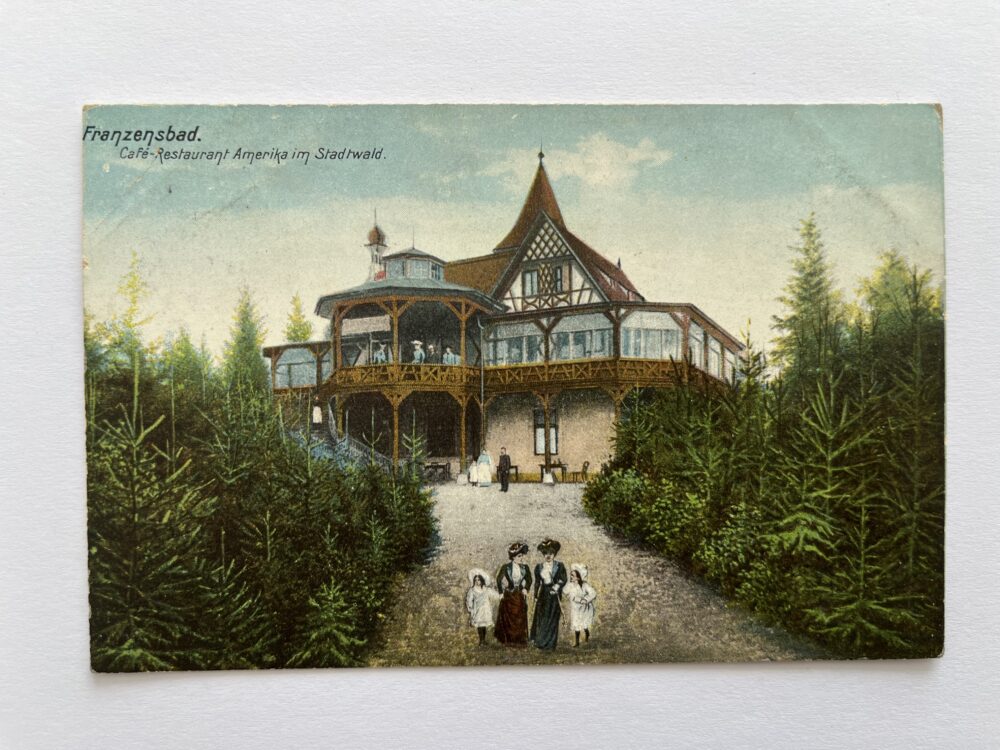 Pohlednice Františkovy Lázně - Kavárna a restaurace Amerika, razítko