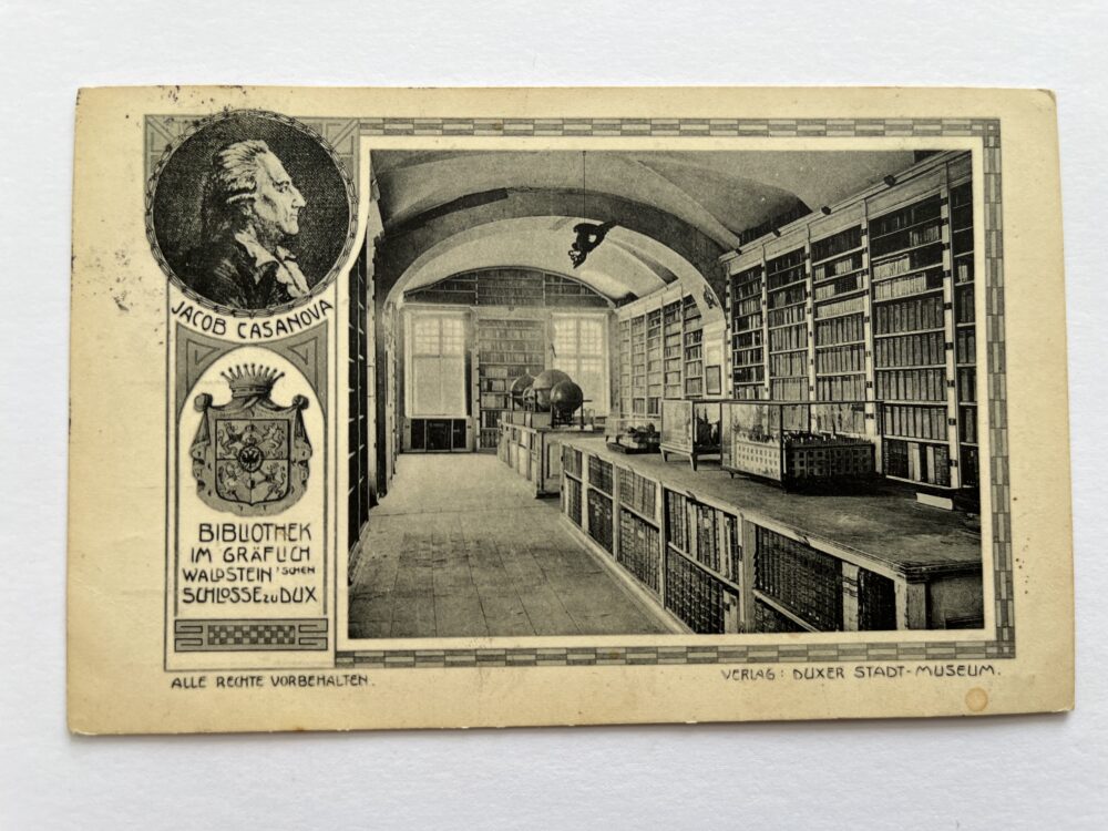 Pohlednice Casanova, knihovna v zámku Duchcov hraběte Valdštejna 1911