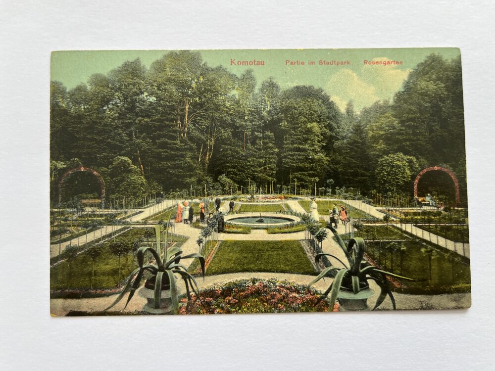 Pohlednice Chomutov Partie z městského parku - Růžová zahrada 1911