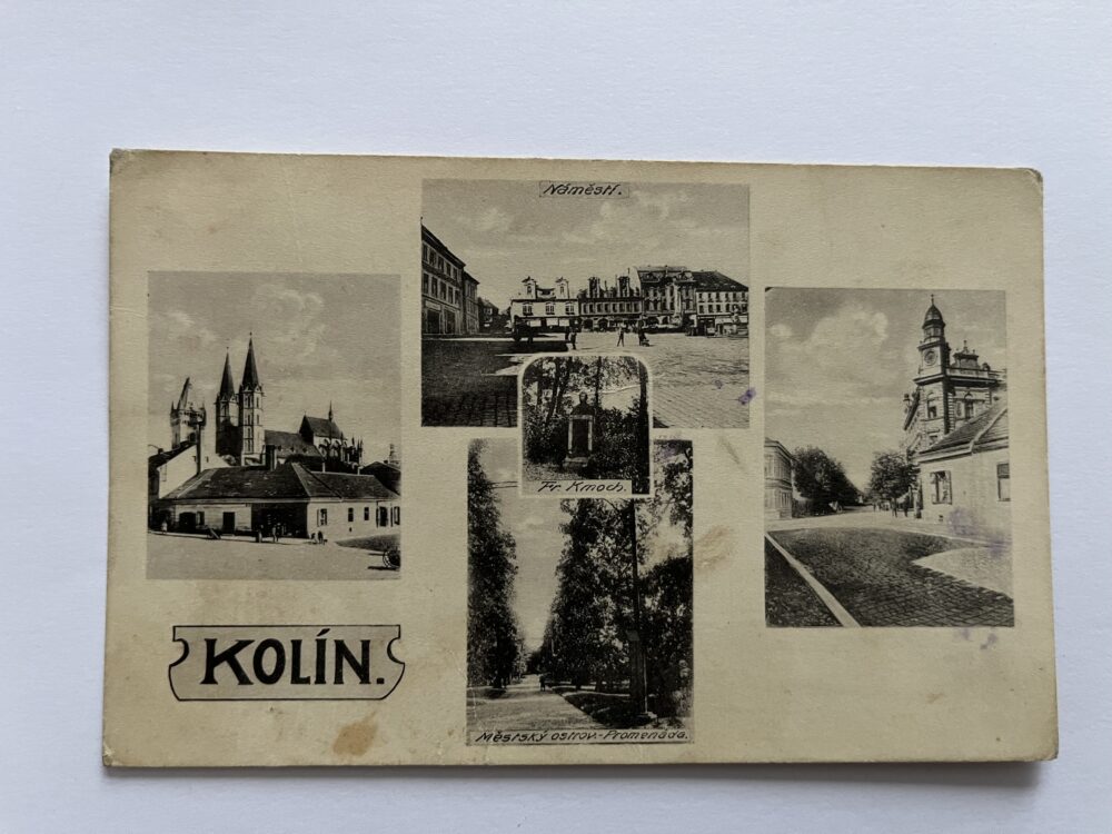 Pohlednice Kolín, koláž - Náměstí, památník Fr. Kmocha, promenáda 1927
