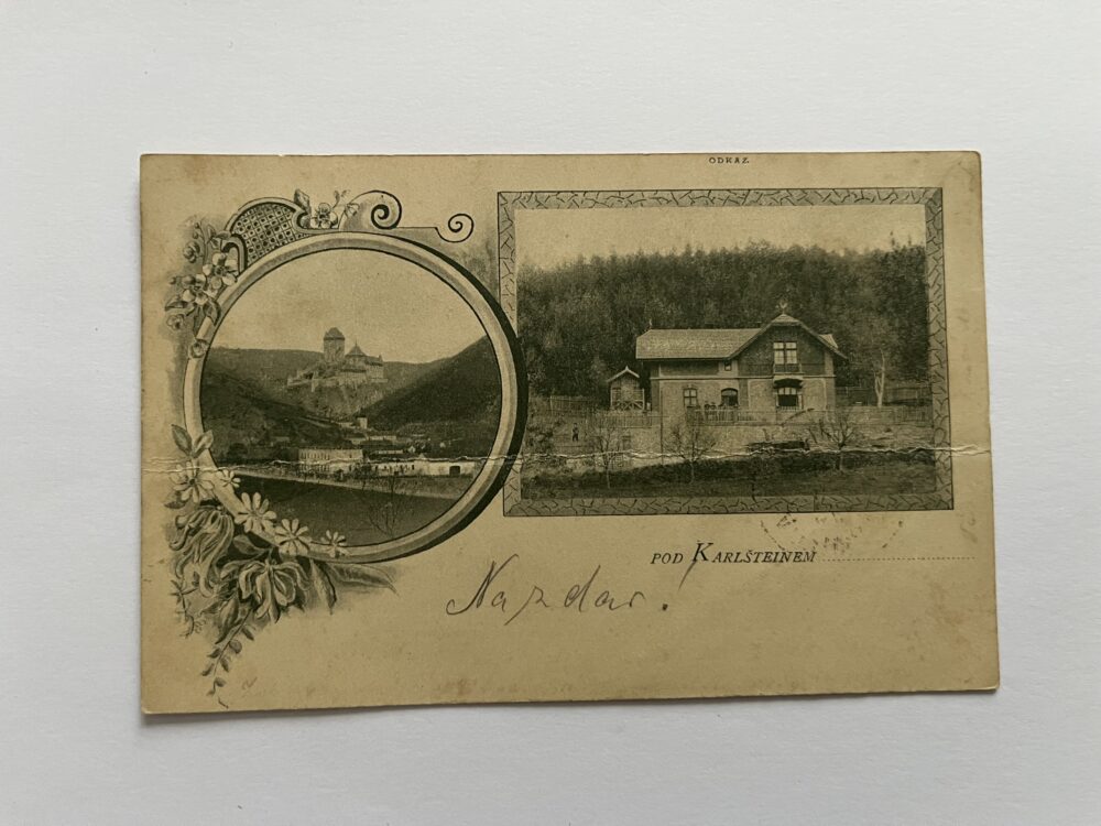 Pohlednice místopis Pod Karlštejnem, koláž okres Beroun Rakousko-Uhersko