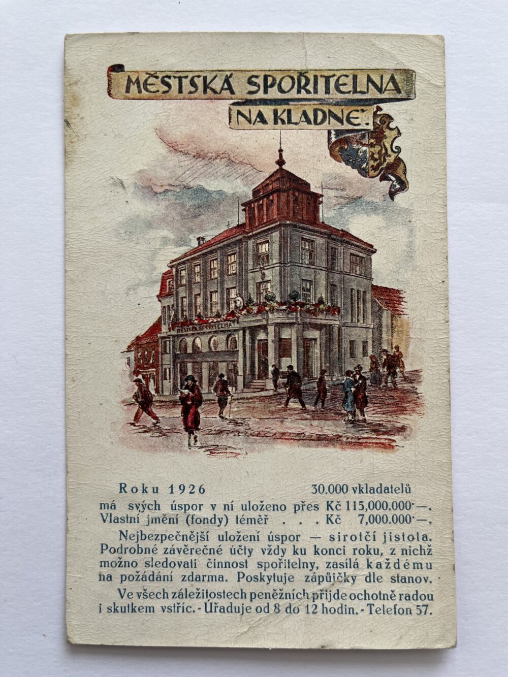 Pohlednice místopis - Městská spořitelna na Kladně roku 1926