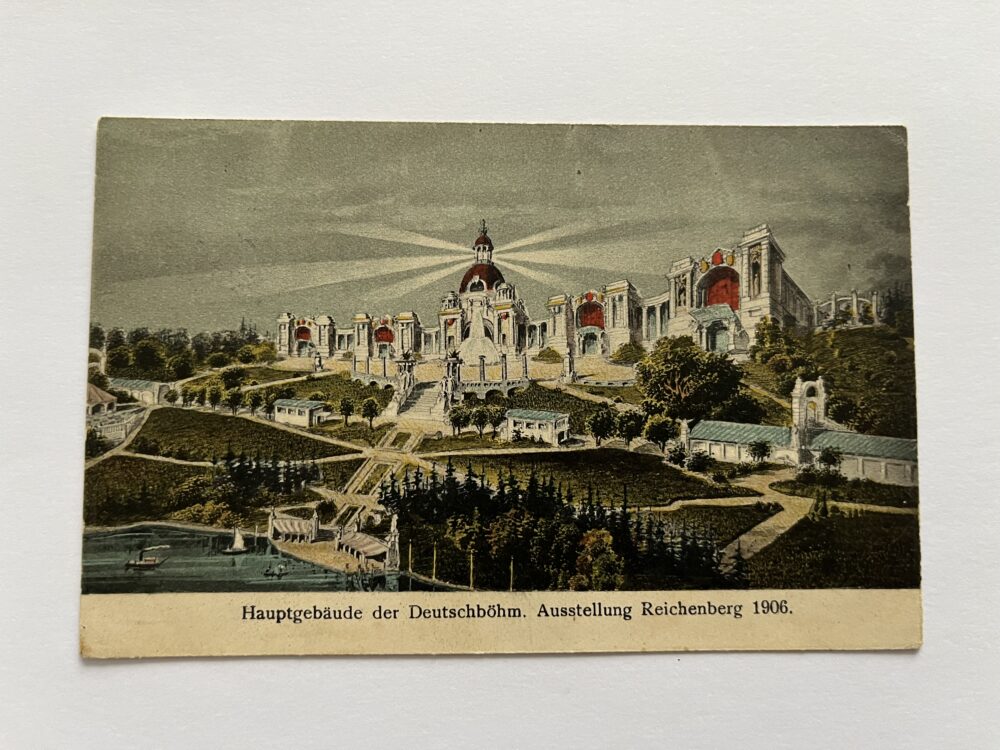 Pohlednice Liberec Hlavní budova Německo-české výstavy 1906, razítko