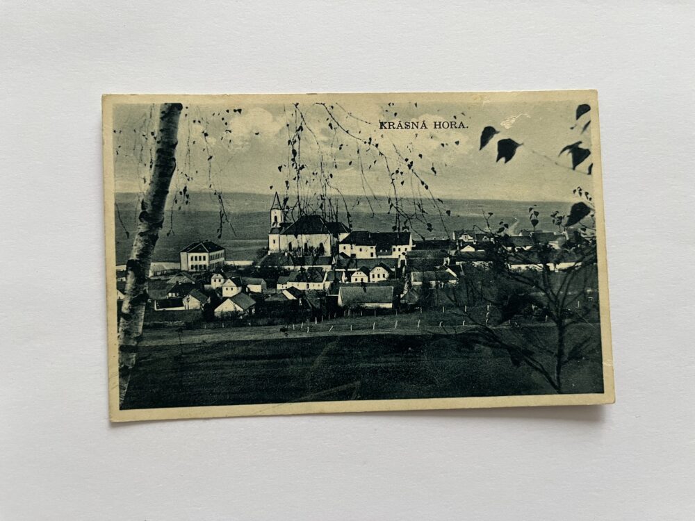 Pohlednice místopis Krásná Hora - celkový pohled, okres Příbram 1936