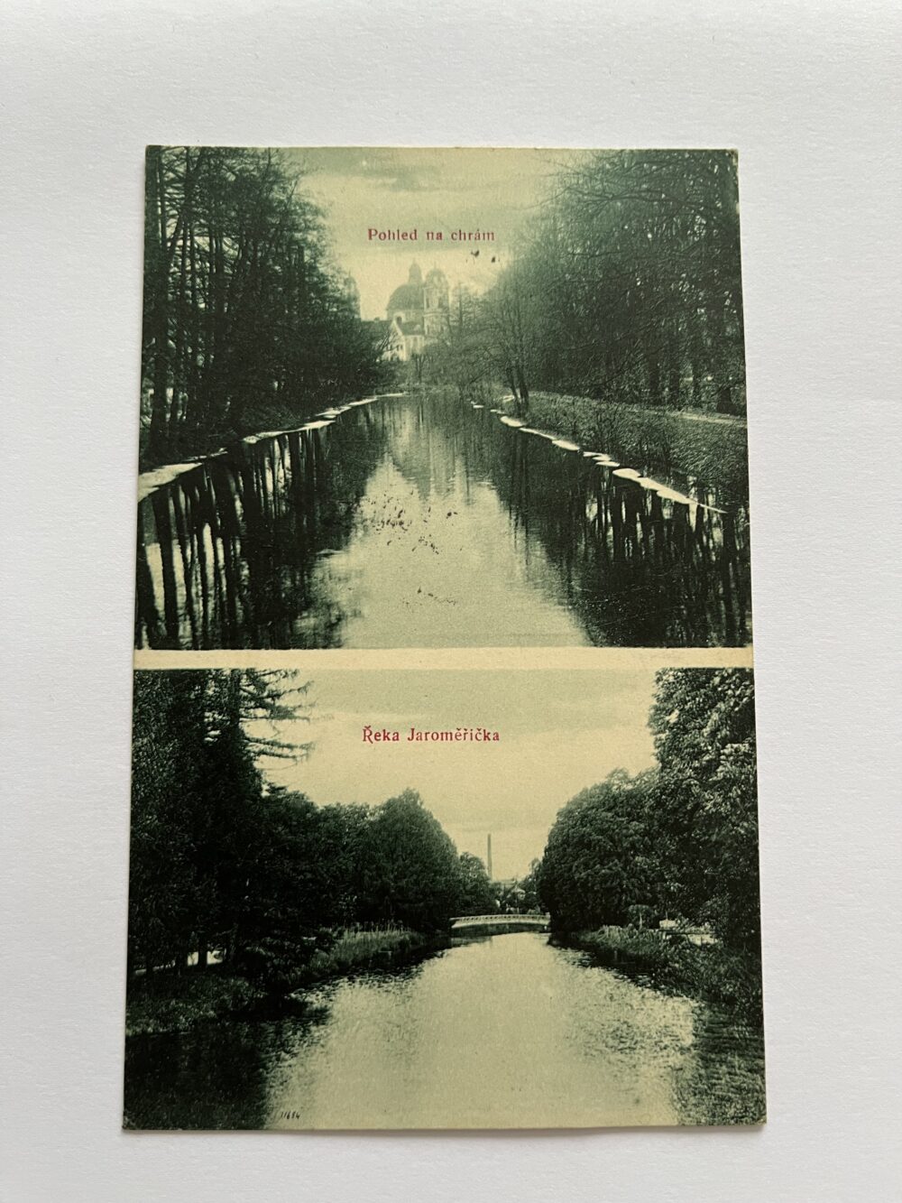 Pohlednice Pohled na chrám, řeka Jaroměřička koláž okres Třebíč 1913