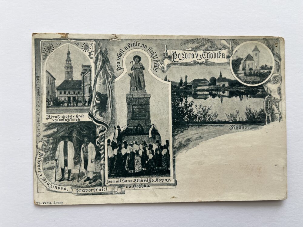 Pohlednice Chodsko, koláž - Trhanov, praporečníci, hrad okr. Domažlice