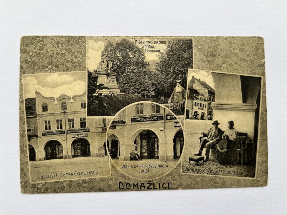Pohlednice místopis Domažlice, koláž Mistr Vrchlický, r. 1912