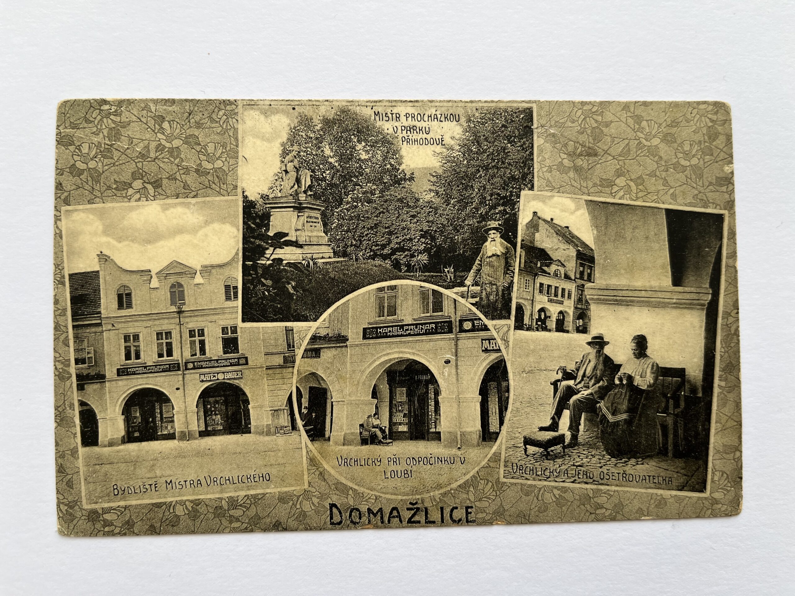 Pohlednice místopis Domažlice, koláž Mistr Vrchlický, r. 1912