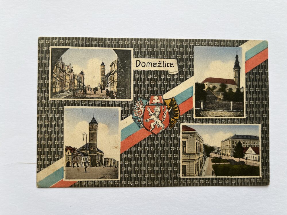 Pohlednice místopis Domažlice, koláž rok 1920