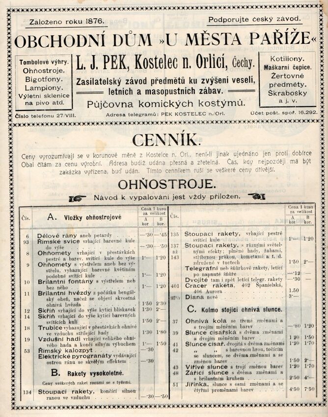 Ceník ohňostrojů OD U města Paříže, Kostelec