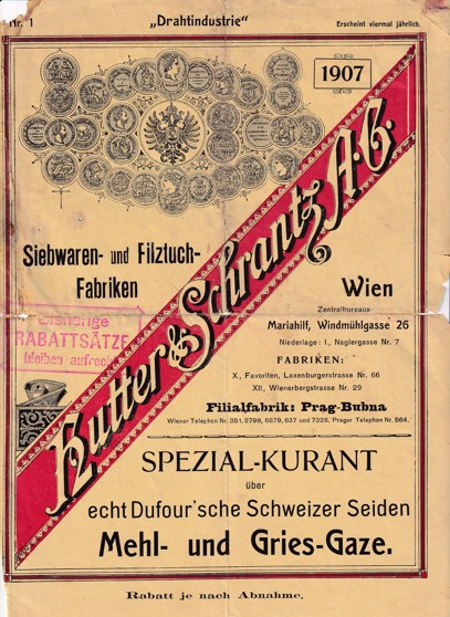 Leták textil Hutter a Schrantz, Vídeň, Praha