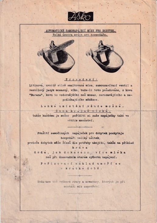 Leták samonapájecí mísa pro dobytek Asko