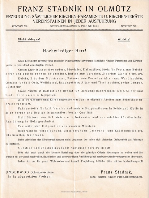 Leták církevní potřeby Franz Stadník, Omlomouc