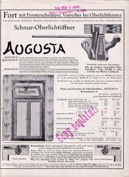 Katalog panty, kování Augusta, Mal a spol. Praha