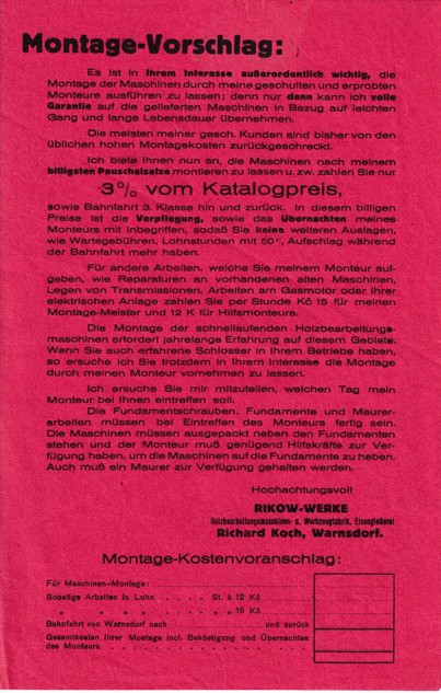 Leták stroje Rikow Werke, R. Koch Varnsdorf