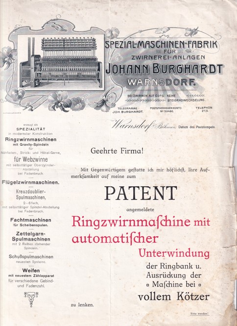 Leták kroužkovací stroj J. Burghardt, Varnsdorf