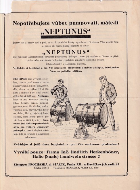 Leták čerpadlo Neptunus, Prochaska, Starck Praha