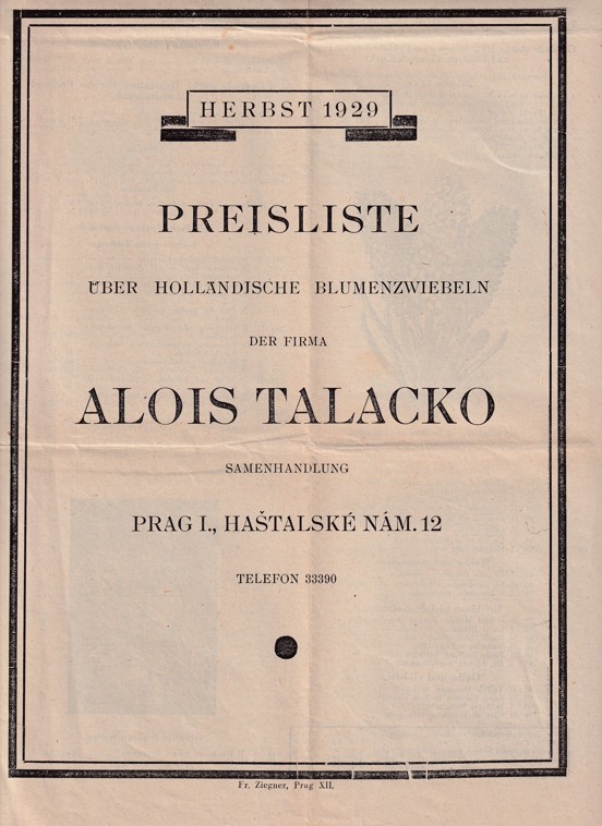 Leták květinářství Alois Talacko, Praha, semenářství