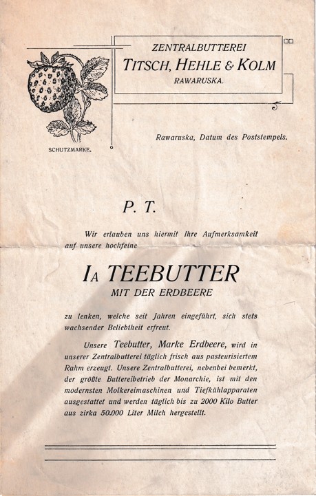Leták čajové máslo Titsch, Hehle a Kolm, Rawaruska