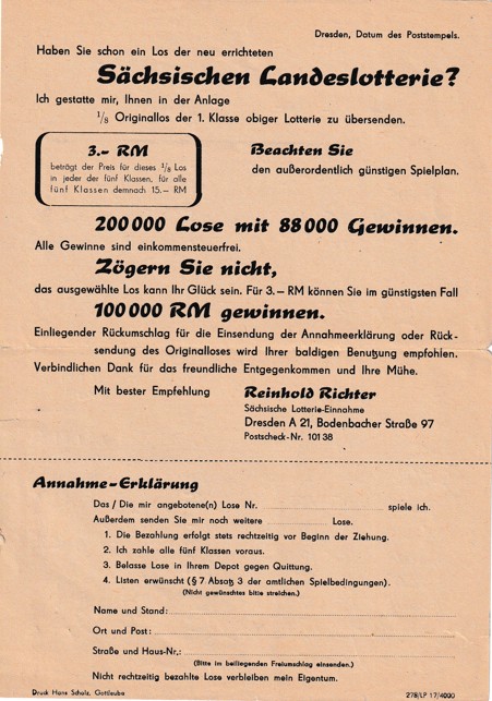Leták Saská loterie, Německo