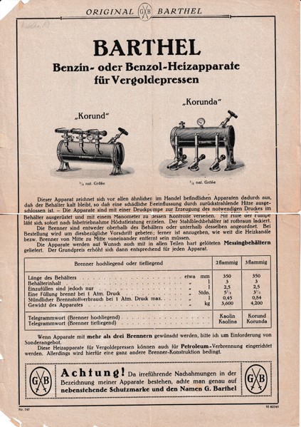 Leták zahřívače pro zlatnické lisy Barthel