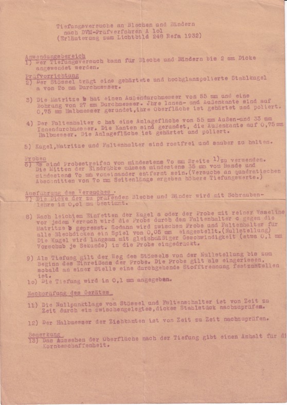 Leták zkoušky plechů a pásů Refa, Německo