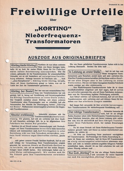 Leták nízkofrekvenční transformátory Körting, Lipsko