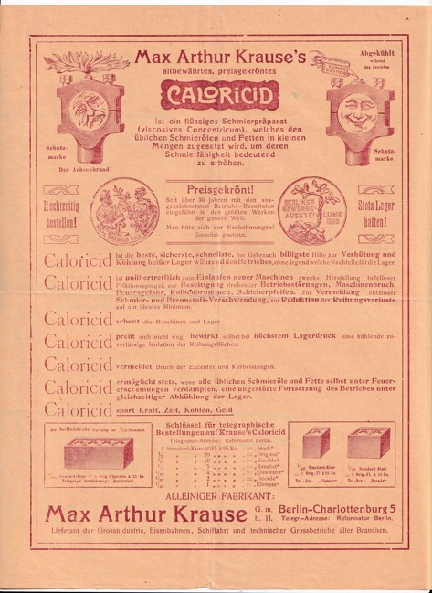 Leták mazivo Caloricid, M.A. Krause Berlín