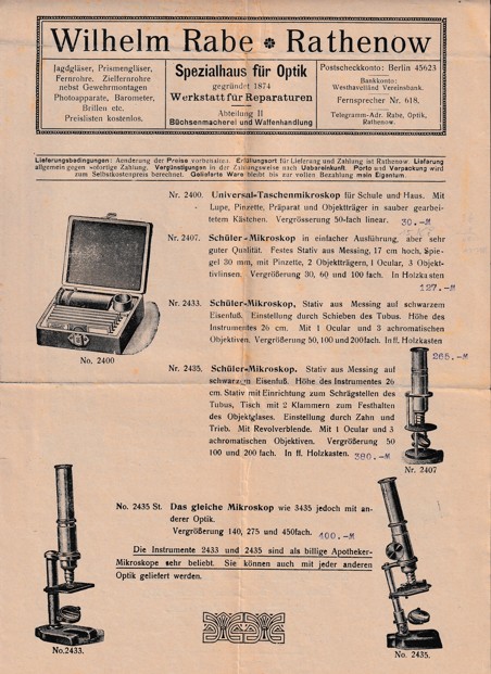 Leták optika Wilhelm Rabe, Rathenow, mikroskopy