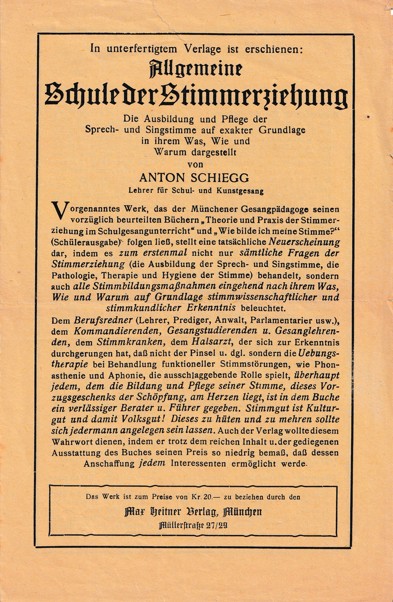 Leták kniha Škola mluvy Schiegg, Heitner Mnichov