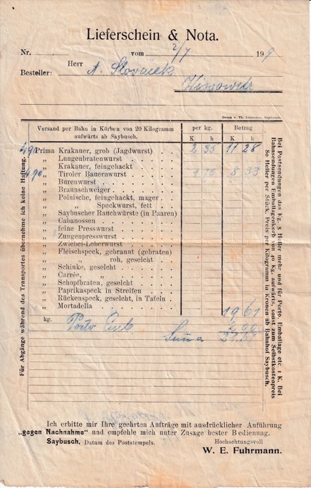 Leták řeznictví W. E. Fuhrmann, Živec