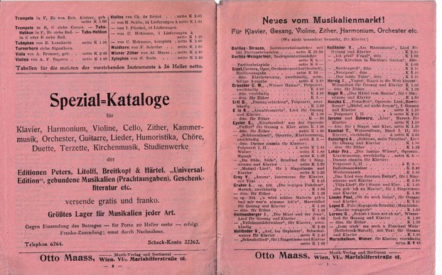 Leták hudební nakladatelství Maas, Vídeň