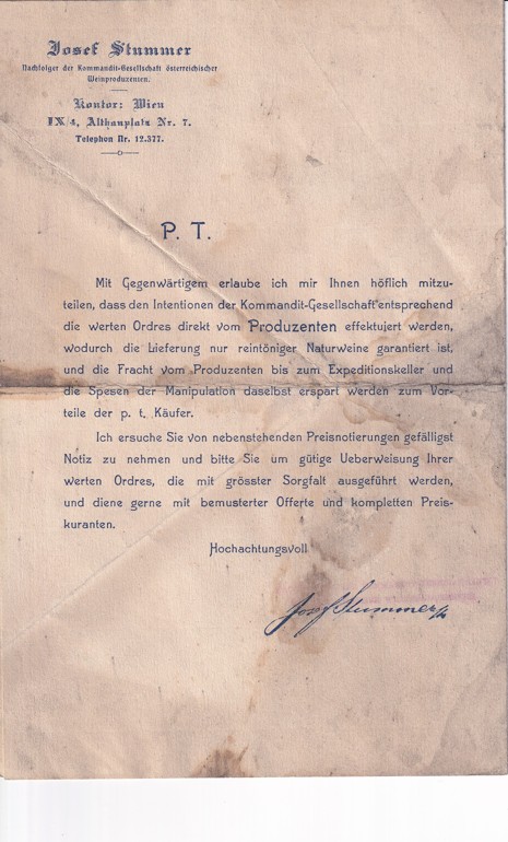Leták víno Josef Stummer, Vídeň