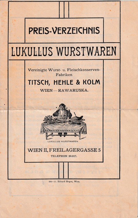 Leták řeznictví Titsch, Hehle a Kolm, Vídeň