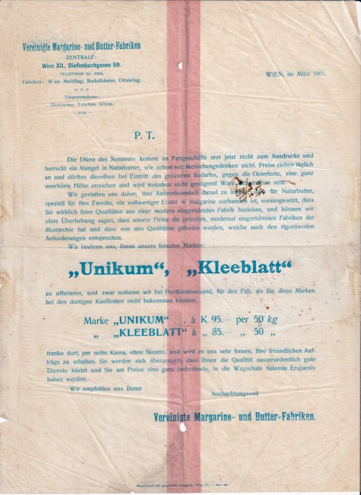 Leták margarín, másla Unikum, Vídeň