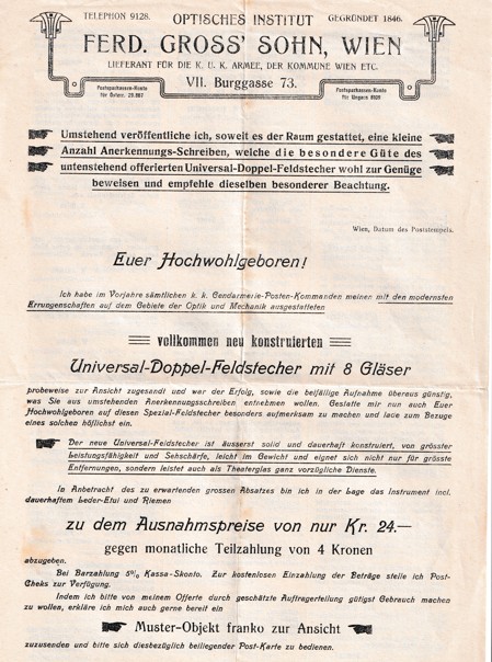 Leták optika Ferd. Gross, Vídeň