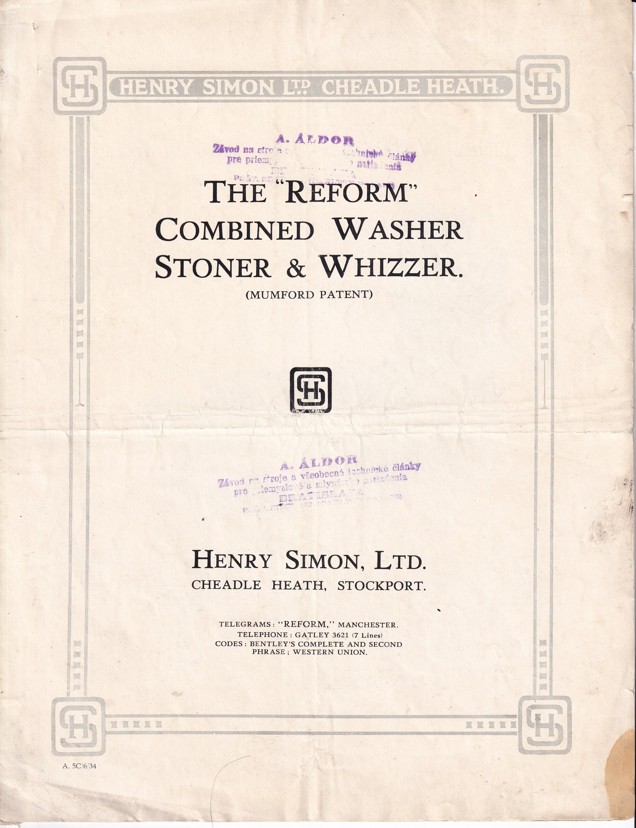 Leták stroj na praní kamenů H. Simon, Stockport