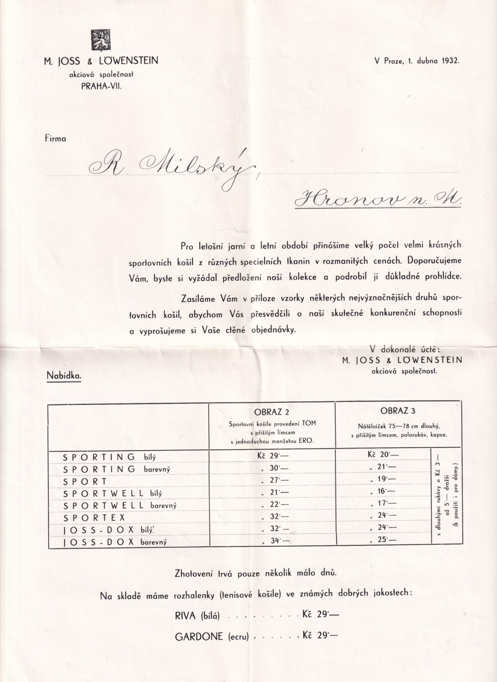 Leták košile Joss a Lowenstein, Praha