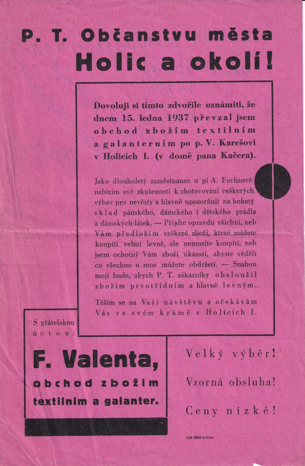 Leták galanterie, textil F. Valenta, Holice