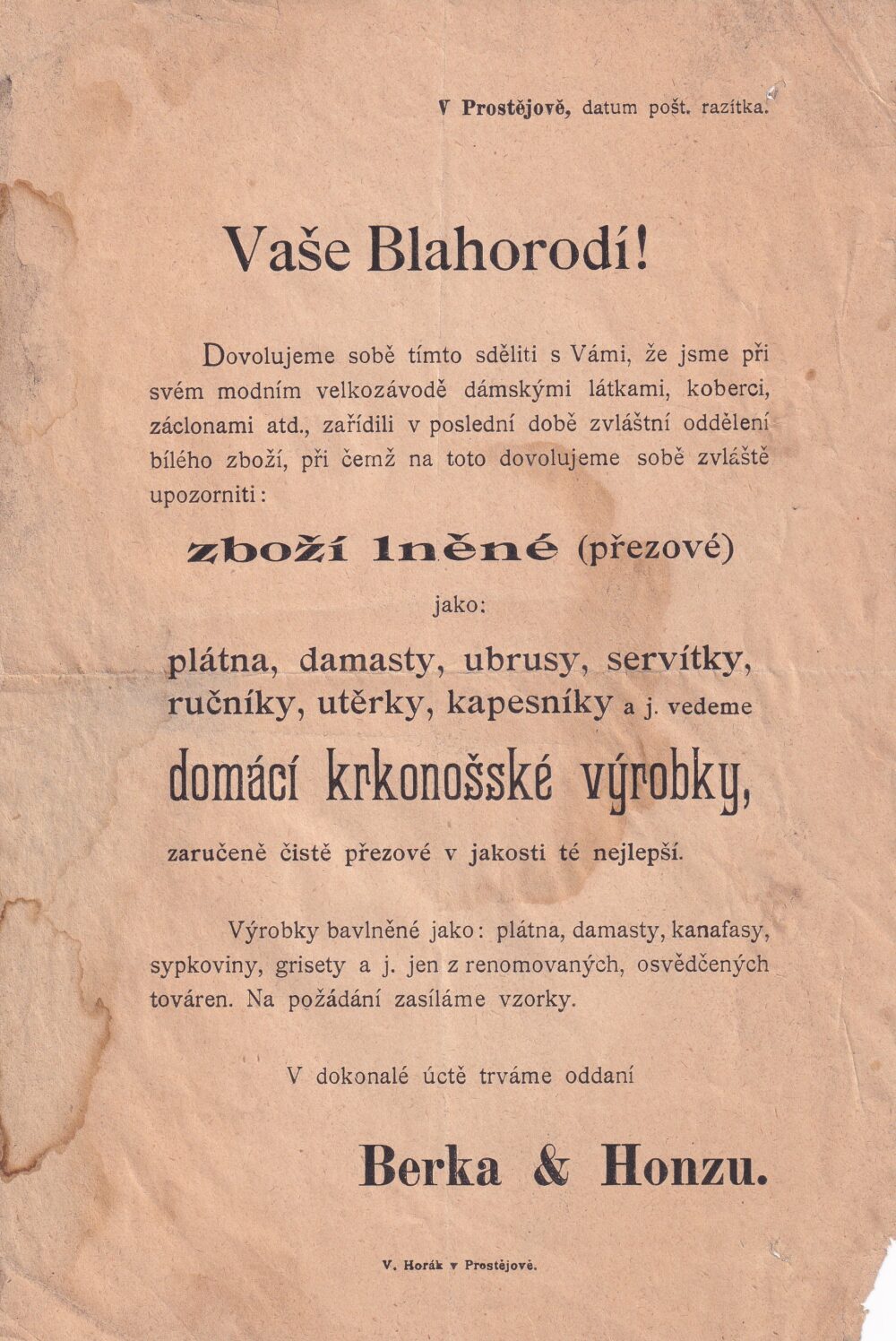 Leták lněné zboží Berka a Honzu, Prostějov