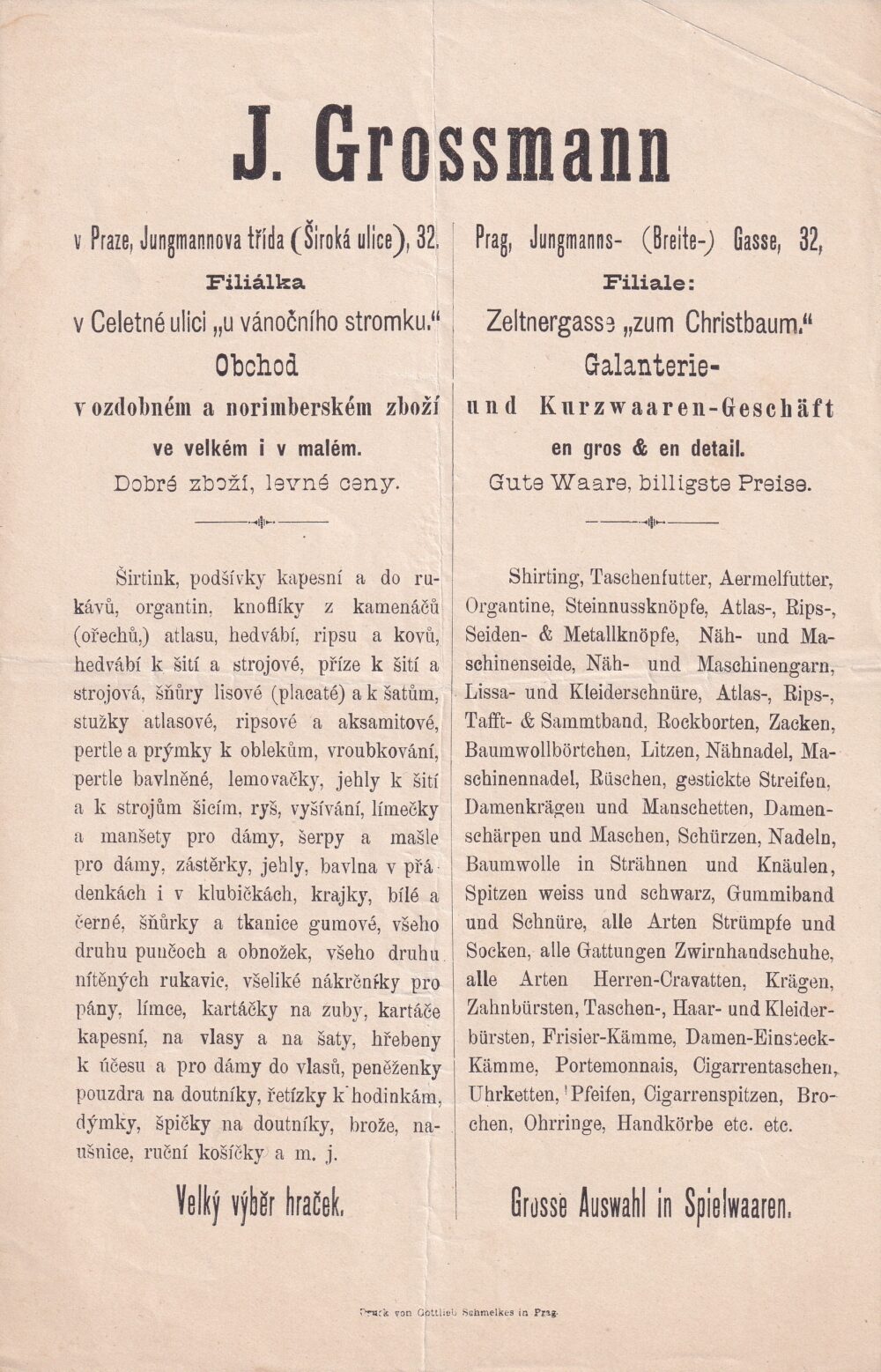 Leták koloniál J. Grossmann, Praha