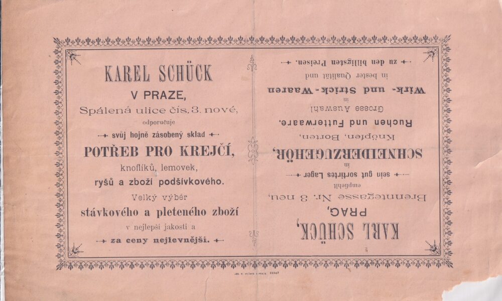 Leták krejčovské potřeby K. Schück, Praha